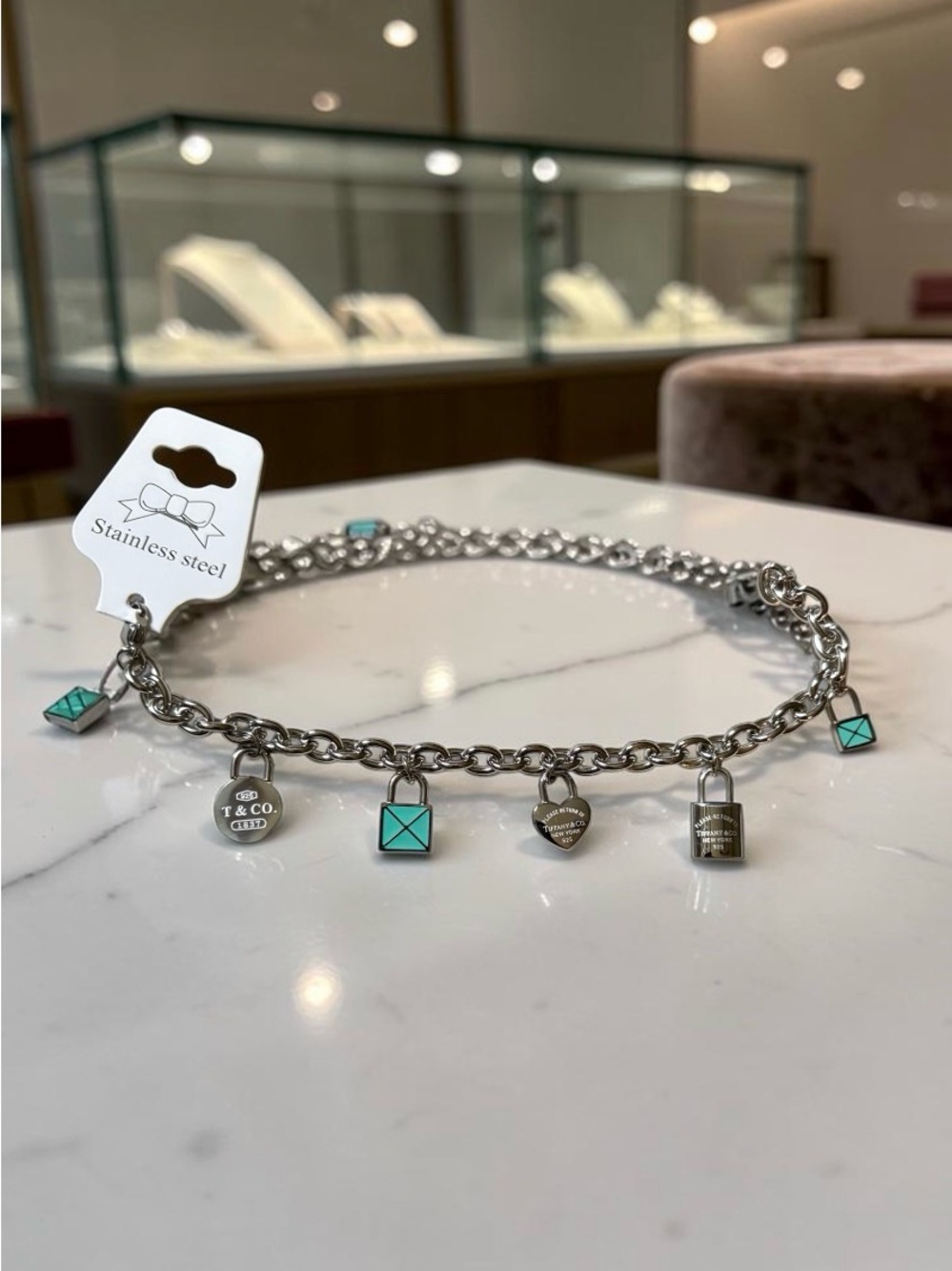 Stainless Steel Charm Bracelet with Turquoise Accents - Picture 2 of 3